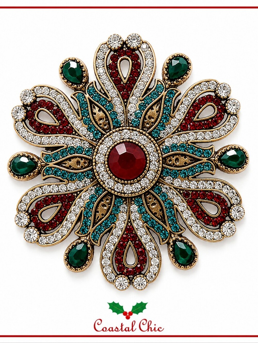 Emerald & Ruby Color Rhinestone Floral Brooch